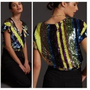 NEW Anthropologie x RDALAMAL Surplus Multi Color Sequin Blouse Top XS NWT